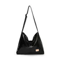 Minimalist black glossy hobo shoulder bag with adjustable strap and gold logo plate - Black