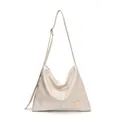 Cream hobo shoulder bag in glossy patent leather with adjustable strap and gold logo - White
