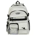 Detail of cream backpack with black zippers, multi-pocket design and clear PVC window - Style Without Pendant / Light Gray