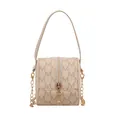 Mini beige zylindrische Handtasche mit M-Muster-Druck und goldener Kettenschultergurt - Weiß