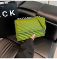 Grass green quilted envelope bag with V-shaped stitching and silver chain strap - Green