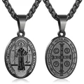 Macro detail of double-sided St. Benedict religious cross pendant in gunmetal black finish - Saint Benedict (With Chain) / Black