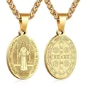 Close-up of double-sided gold Saint Benedict medal pendant with religious cross engraving - Saint Benedict (With Chain) / Gold