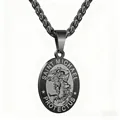 Macro detail of dark grey Saint Michael stainless steel pendant on a wheat chain - Saint Michael (With Chain) / Black