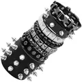 Set di 6 bracciali in pelle nera stile punk rock con punte in metallo argentato - Set di Bracciali con Punte Catena Stella e Perline