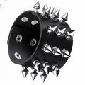 Black leather punk bracelet with silver cone studs and metal snap closure design - Wide Cone Spikes Style (04)
