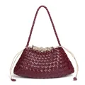 Handwoven burgundy shoulder bag with leather weave pattern and drawstring inner pouch - Bordeaux