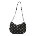 Borsa sottobraccio stile francese in denim a scacchi nero e grigio con frange e catena - Scacchiera Nera