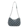 Blue denim checkerboard baguette bag with frayed edges and silver chain strap - Blue Checkerboard