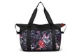 Bolso de viaje grande negro con motivos florales rosas y morados y detalle de cremallera roja - Hoja Negra