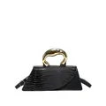 Sac à main moderne noir motif crocodile avec poignée en métal doré et bandoulière chic - Noir