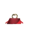Dark red crocodile pattern handbag featuring a unique gold metal handle and shoulder strap - Red