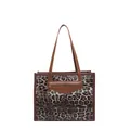 Borsa tote leopardata con manici in pelle marrone e cerniera decorativa anteriore - Marrone