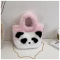 Pink plush panda crossbody bag with soft faux fur and delicate golden metal chain - Pink
