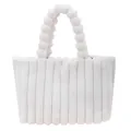 Plush tote bag in cream white featuring unique ribbed texture and spherical top handle - White