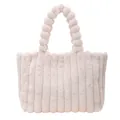 Plush tote bag in beige faux fur with striped quilting and pom-pom handle - Beige