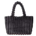 Dark gray plush tote bag with vertical stripes and soft pom-pom handles for women - Dark Gray