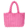 Rose pink plush tote bag with vertical stripes and fluffy pom-pom handles for women - Rose Red