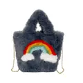 Gray plush faux fur tote bag featuring rainbow and cloud embroidery with gold chain - Single Bag / Navy Blue