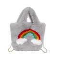 Gray faux fur handbag featuring rainbow and cloud plush applique with chain strap - Single Bag / Gray