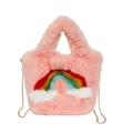 Pink plush tote bag with rainbow embroidery and golden metal chain strap accessory - Single Bag / Pink