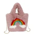 Pink plush handbag featuring a rainbow cloud embroidery and golden chain strap - Single Bag / Purple