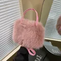 Pink faux fur handbag with leather handle and shoulder strap in plush autumn style - Without Pearl Charm / Pink