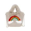 Oatmeal plush handbag with rainbow pattern and gold chain strap for daily style - Khaki