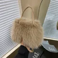 Plush faux fur handbag in apricot with pearl accent handle and leather strap - Without Pearl Charm / Khaki