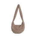 Brown faux fur cloud bag with textured popcorn pleats and soft shoulder strap - Khaki