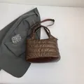 Stylish bronze glossy quilted puffer crossbody bag with top handles and space cotton fabric - Brown