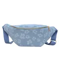 Light blue floral oxford chest bag for women with gold zipper and adjustable strap - Blue