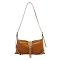 Minimalist brown matte leather shoulder bag with silver buckle and adjustable strap - Yellow