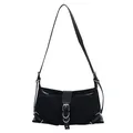 Minimalist black nylon crossbody bag with leather strap and silver metal rings - Black