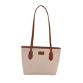 Bolso tote grande de lona beige con asas de cuero marrón y parche de logo central - Marrón