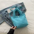 Sky blue corduroy tote bag with ruffled handles and a detachable crossbody strap - Light Blue