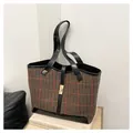 Brown houndstooth tote bag with black leather straps and gold metal twist lock - No Pendant / Brown
