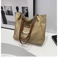 Detail of khaki canvas tote with brown leather strap, silver chain and pearl charms - Standard Type / Khaki