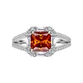 Macro view of orange princess cut moissanite ring with stepped side diamonds in S925 silver - Size 5 / Lucky Red