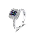 Macro view of a 925 sterling silver ring with princess cut colorful moissanite stone - Size 5 / Rainbow