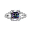 Macro shot of 2ct princess cut rainbow moissanite ring with halo and split shank - Size 9 / Rainbow