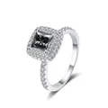 Elegant 925 silver halo ring with a black princess cut center stone and double diamond pavé - Size 5 / Gray