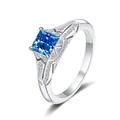 S925 silver ring with princess cut blue stone and hollow pavé diamond band details - Size 5 / Light Royal Blue