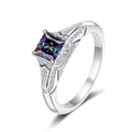 Detail view of princess cut moissanite ring showing rainbow fire and hollow metal design - Size 5 / Rainbow