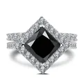 Close-up of 3CT princess cut black gemstone ring with S925 silver pave halo detail - Size 6 / Black