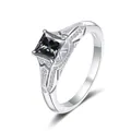 Detailed side view of S925 silver ring featuring princess cut black stone and hollow carving - Size 5 / Gray
