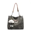Dunkelgraue Canvas-Tasche mit braunen Ledergriffen und Perlenketten-Accessoire - Einzelne Tasche / Schwarz