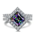 Macro shot of 925 silver ring featuring square rainbow stone and double-row pave diamonds - Size 6 / Rainbow