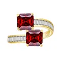 Bague luxueuse plaquée or avec deux pierres précieuses rouges carrées et diamants latéraux - Rouge grenat