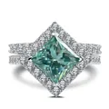 Princess cut 3CT teal moissanite engagement ring with halo and double row pavé band - Size 6 / Teal